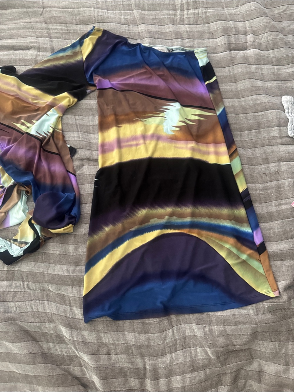 Veronica M Multicolor Abstract Long Sleeve Dress in Blue, Purple, Yellow & Brown
